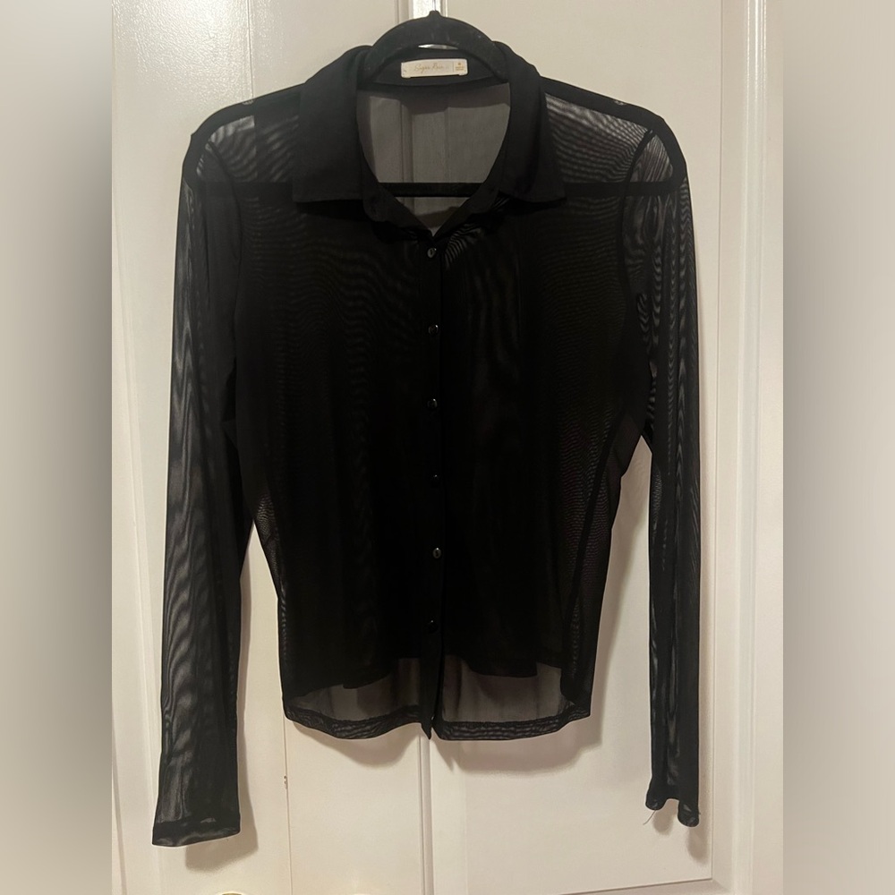Black sheer button top